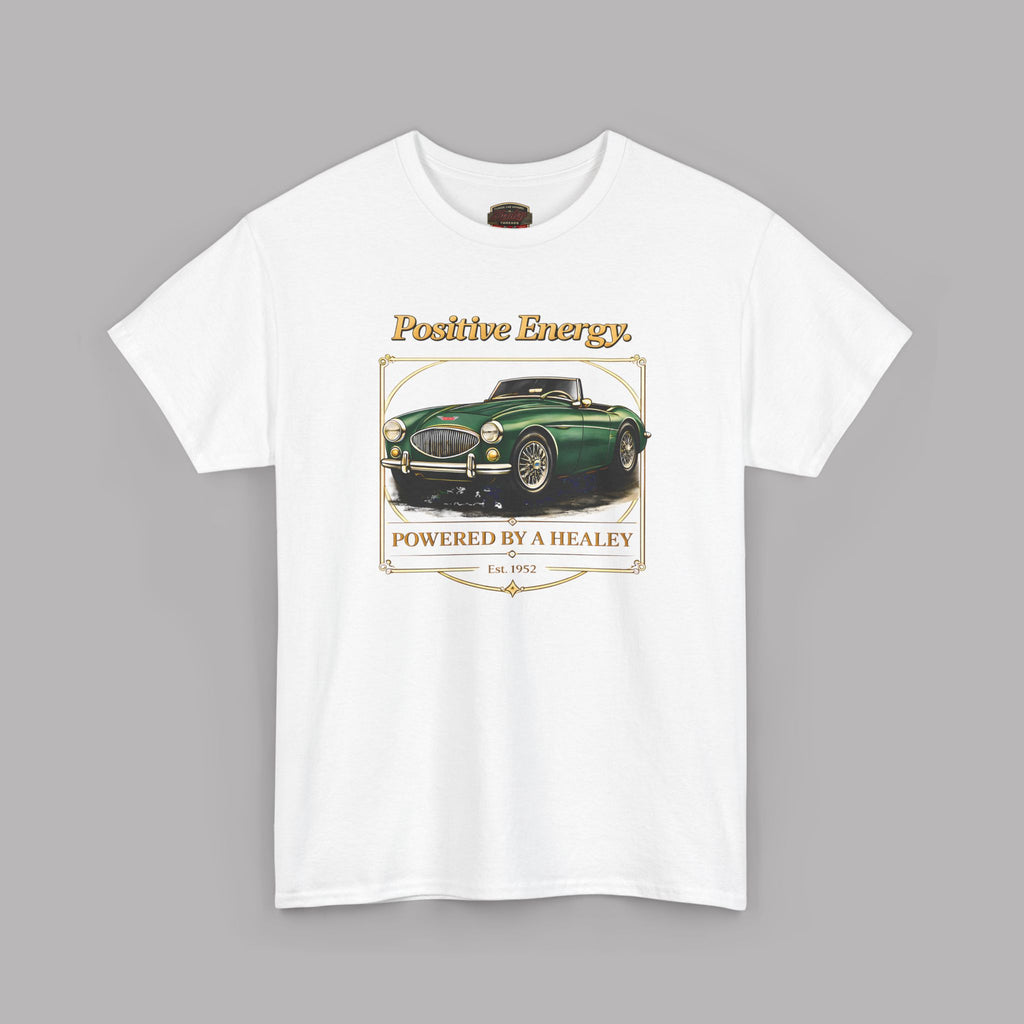 White t-shirt with a green car graphic and text on a gray background