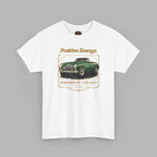 White t-shirt with a green car graphic and text on a gray background