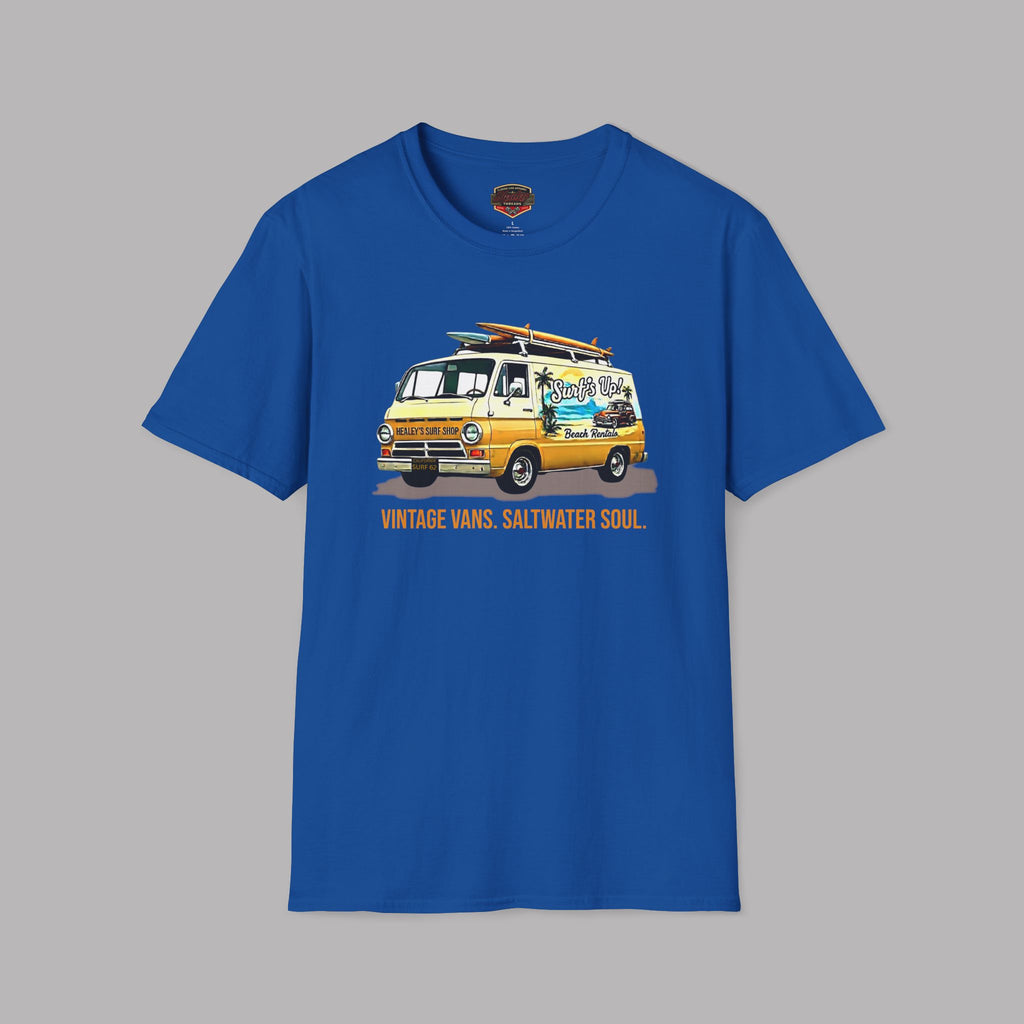 Royal blue t-shirt with a graphic of a classic van and surfboard on a gray background