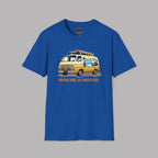 Royal blue t-shirt with a graphic of a classic van and surfboard on a gray background