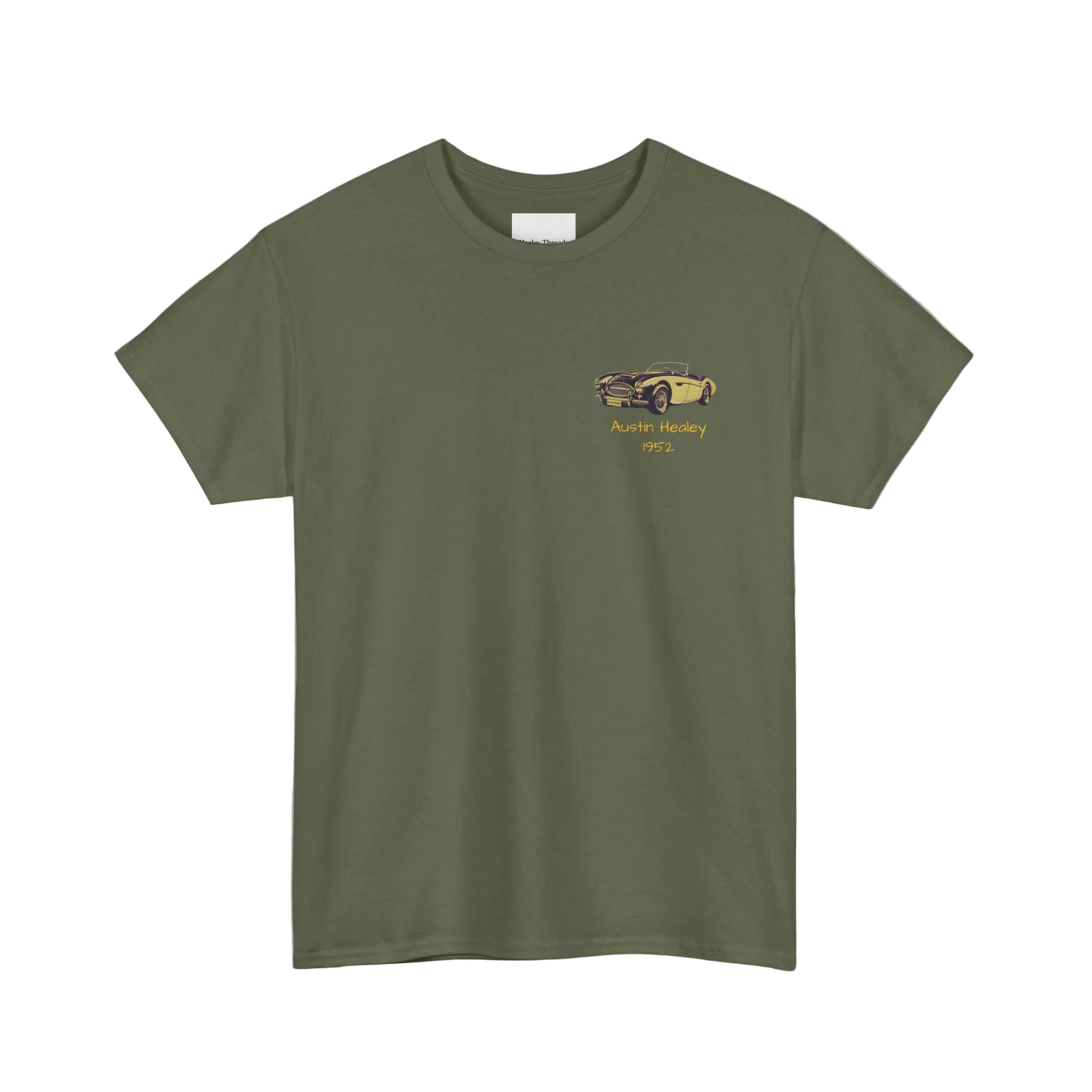 Military green t-shirt with a vintage car graphic on a white background