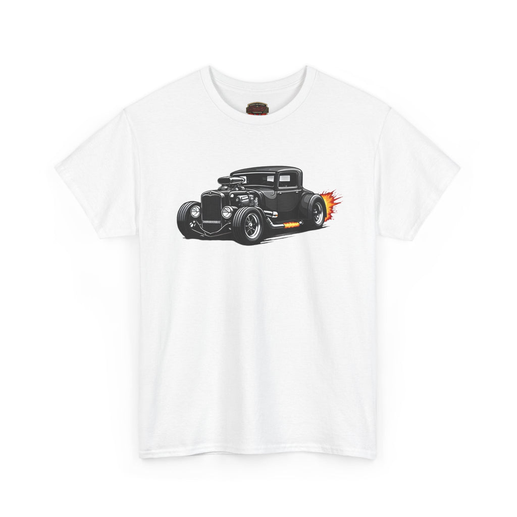 White t-shirt with a black car graphic on a white background