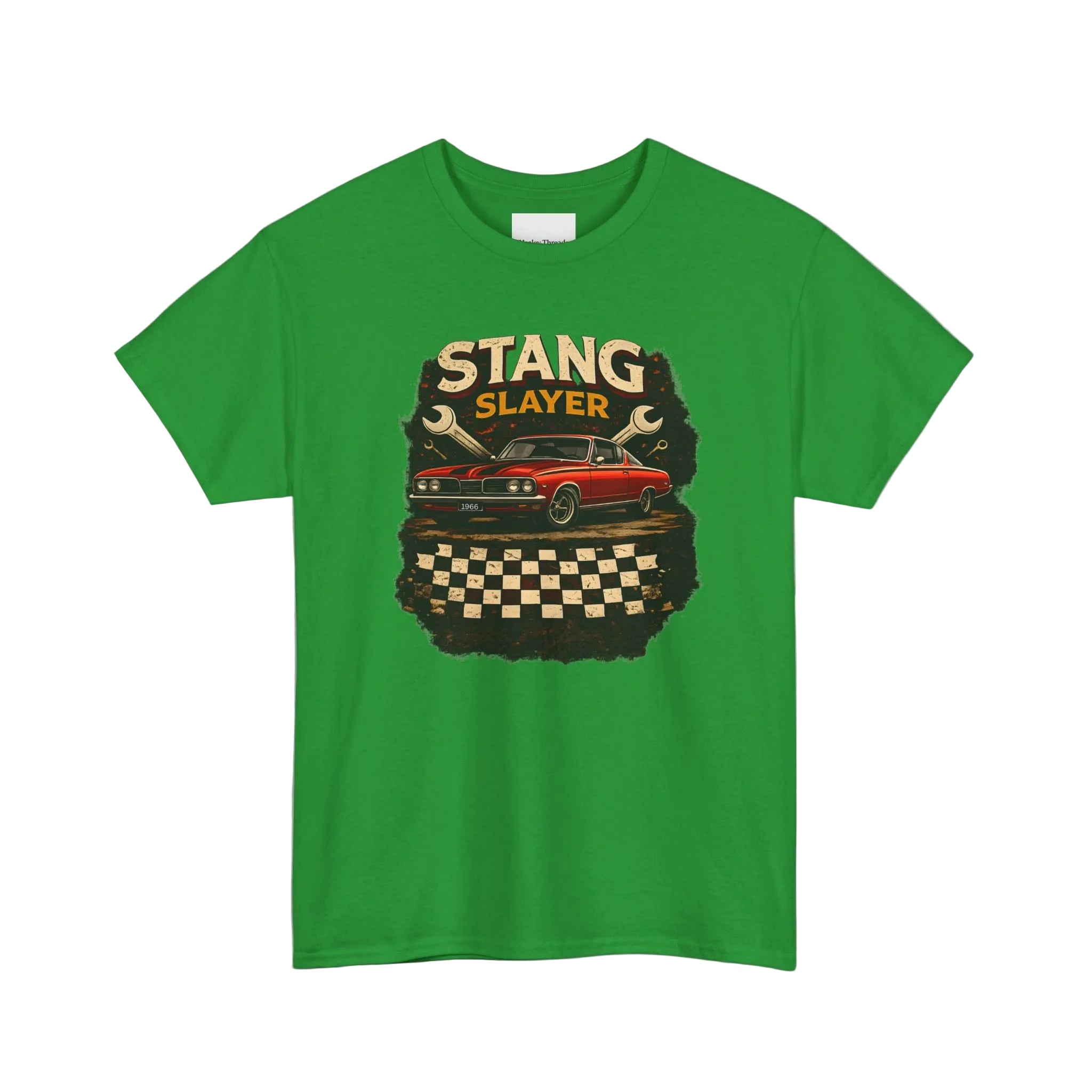Iris green t-shirt with 'Stang Slayer' graphic design on a white background