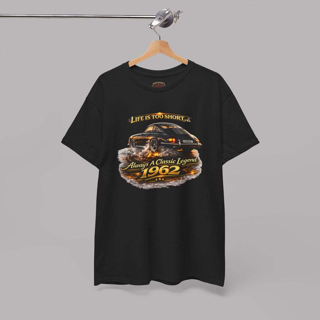 Black t-shirt with a classic car graphic and text on a hanger against a gray background