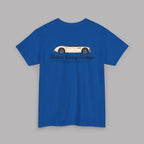 Back of a royal blue t-shirt with a Healey classic car graphic design on a gray background