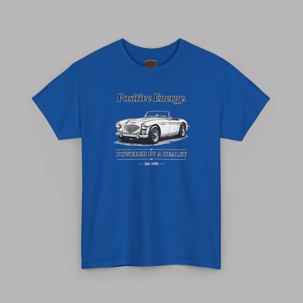 Royal blue t-shirt with a graphic of a classic convertible car and text on a gray background