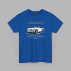 Royal blue t-shirt with a graphic of a classic convertible car and text on a gray background