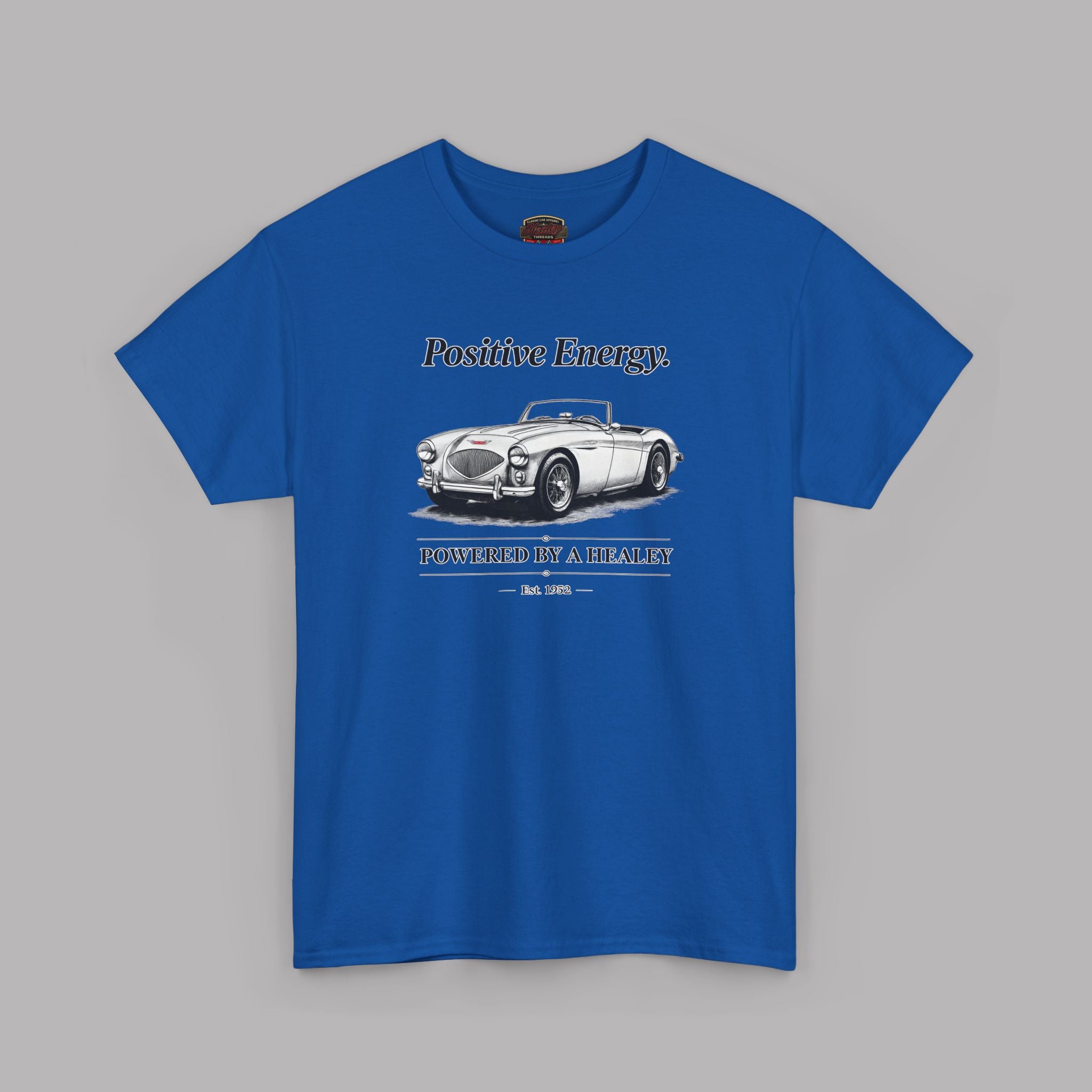 Royal blue t-shirt with a graphic of a classic convertible car and text on a gray background