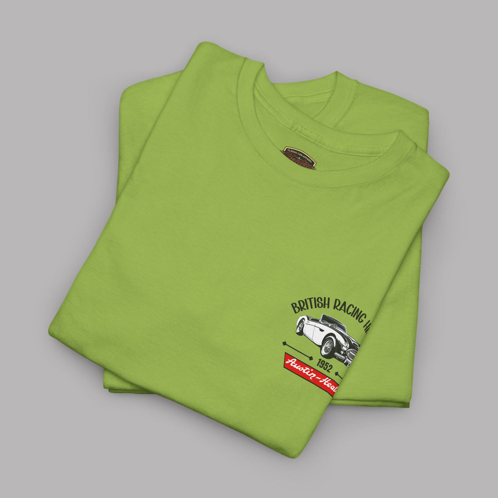 Folded kiwi green t-shirt with a graphic Healey design on left chest,amongst a gray background.