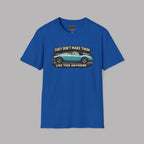 Royal blue t-shirt with graphic of a classic  Healey car and text on a gray background