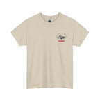 Beige t-shirt with a Healey graphic design on a white background