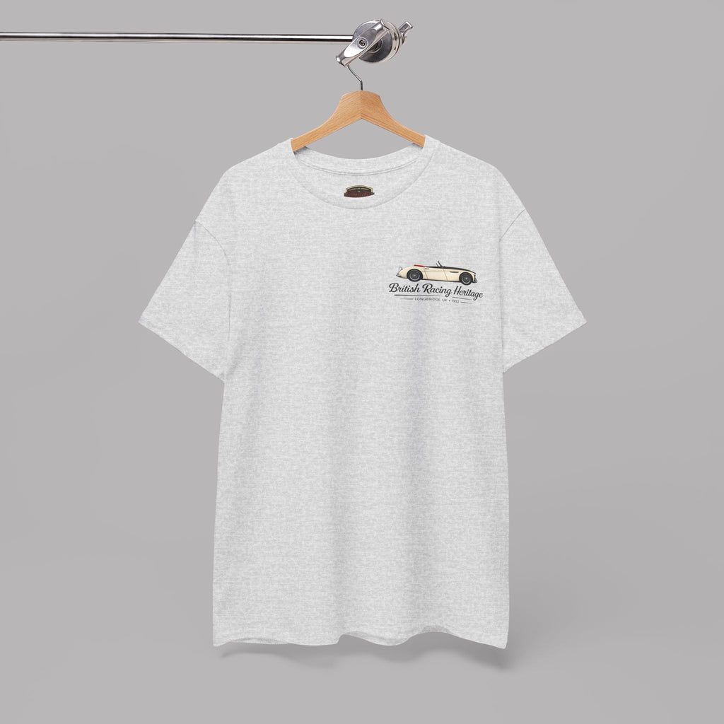Sport gray t-shirt with a Healey classic car graphic design on a hanger displayed on a gray background