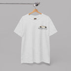 Sport gray t-shirt with a Healey classic car graphic design on a hanger displayed on a gray background