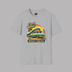 Sport gray t-shirt with a graphic design of a Mopar van and sunset, labeled 'Healey Threads', on a gray background.