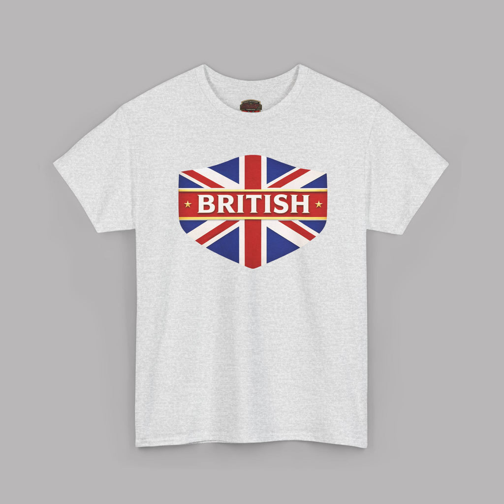 White t-shirt with a heart-shaped British flag design on a gray background