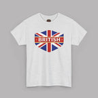 White t-shirt with a heart-shaped British flag design on a gray background