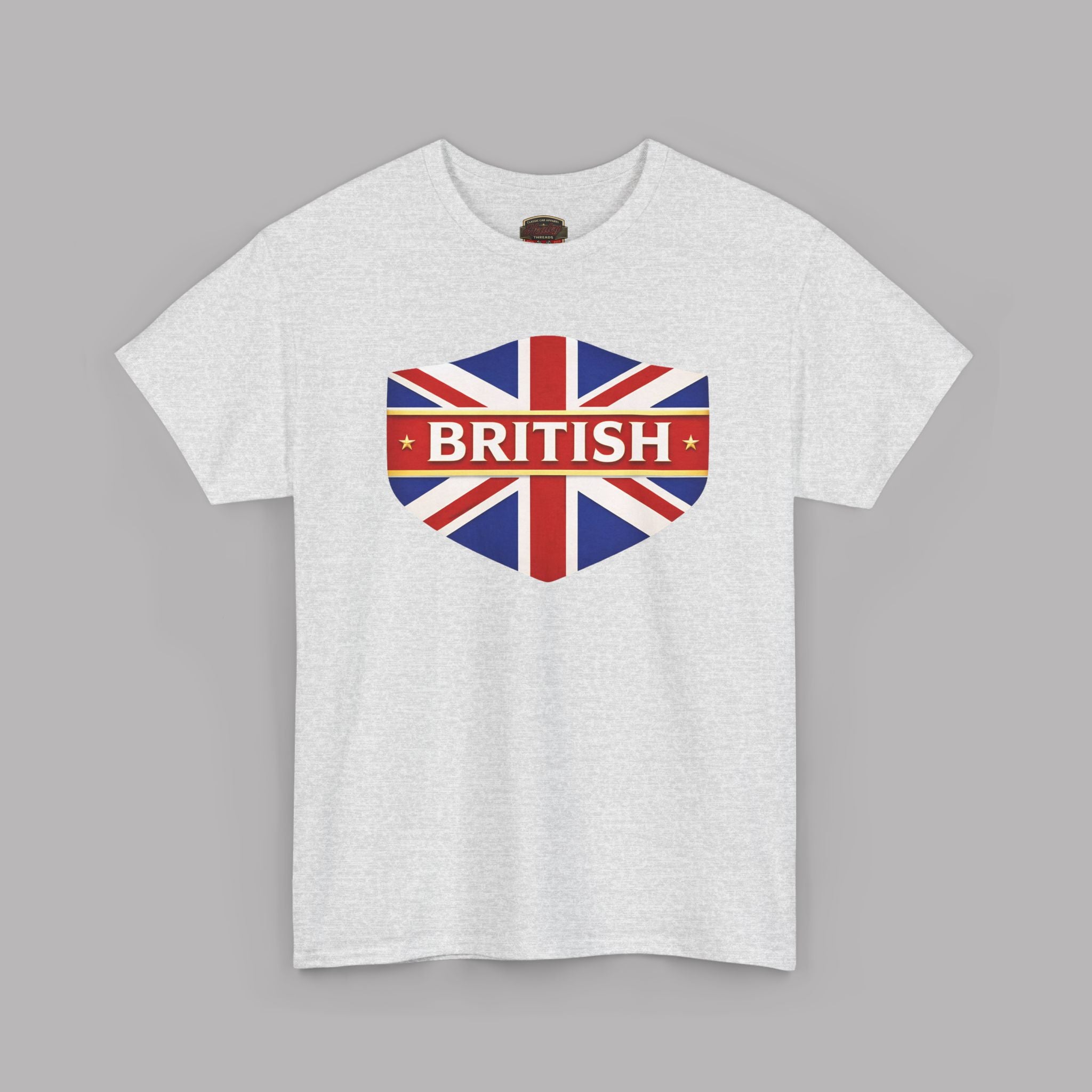 White t-shirt with a heart-shaped British flag design on a gray background