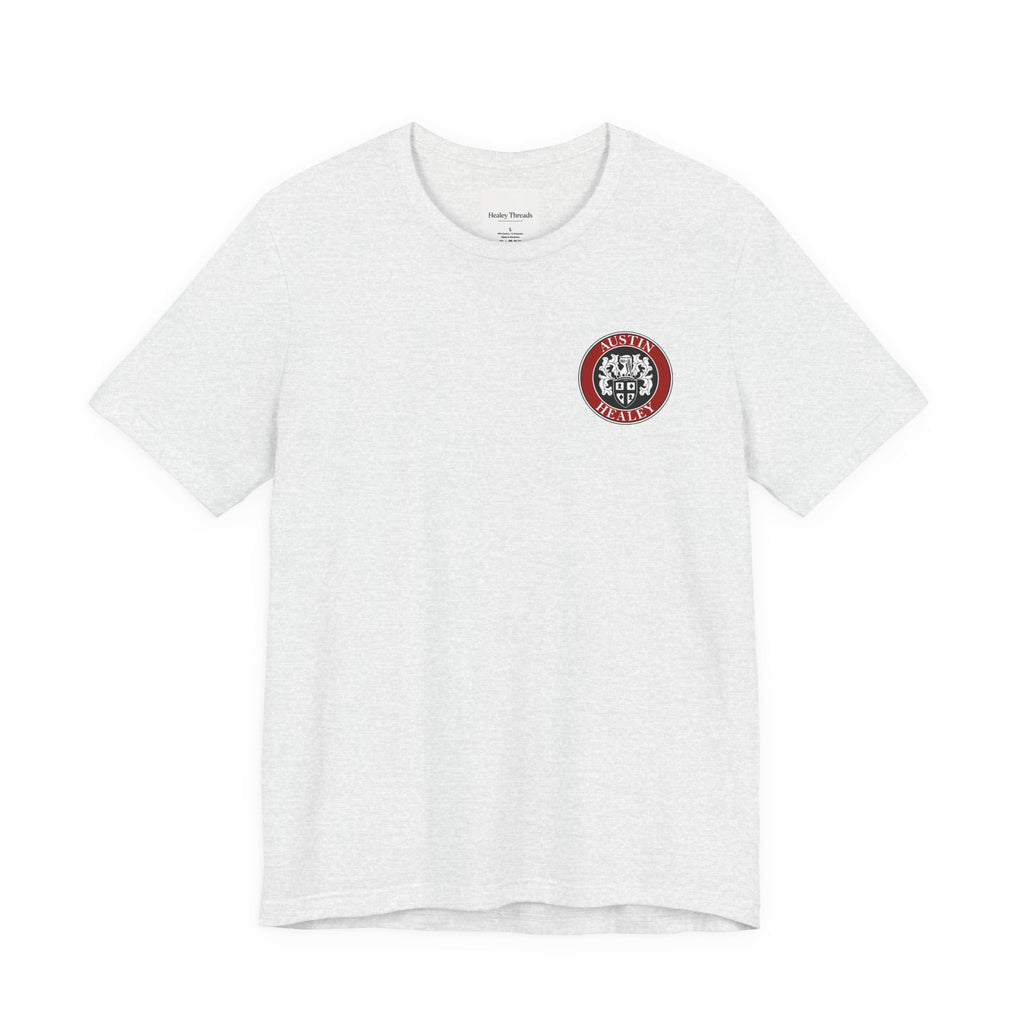 Ash t-shirt with a red and black logo on a white background