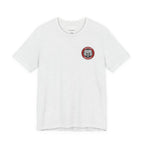 Ash t-shirt with a red and black logo on a white background