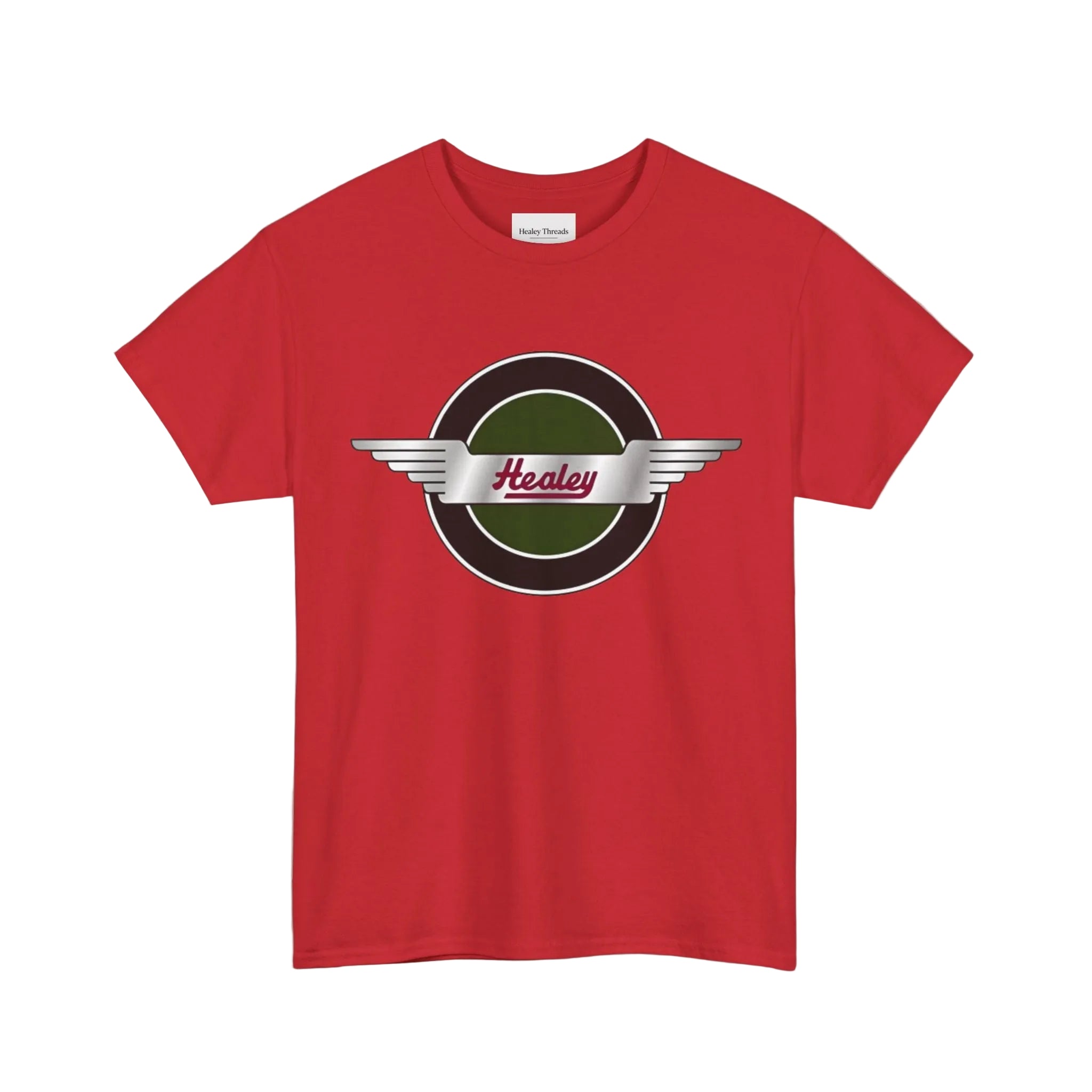 Red t-shirt with a Healey logo on a white background