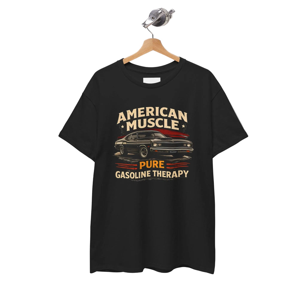 Black t-shirt with graphic design and text on a hanger against a white background