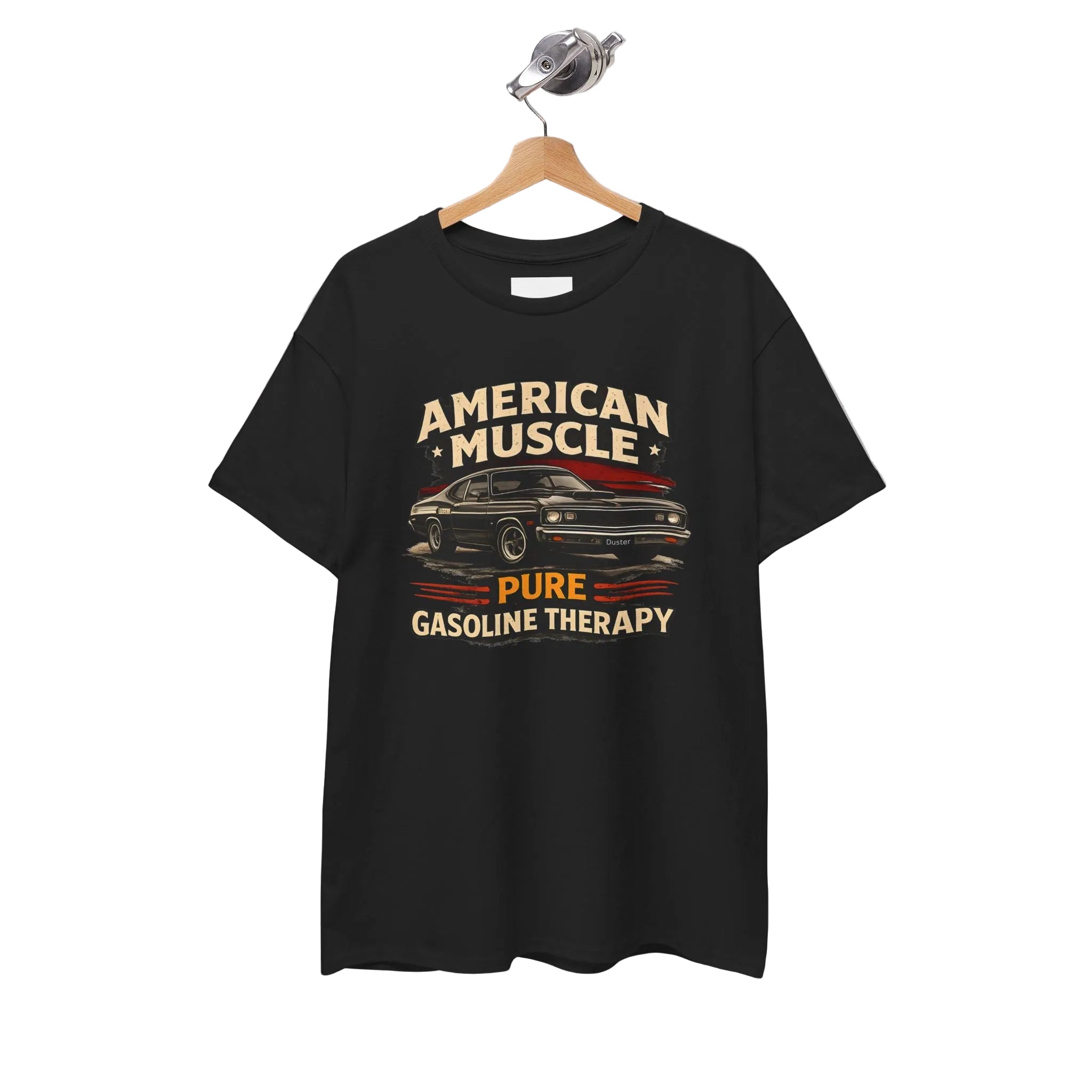 Black t-shirt with graphic design and text on a hanger against a white background