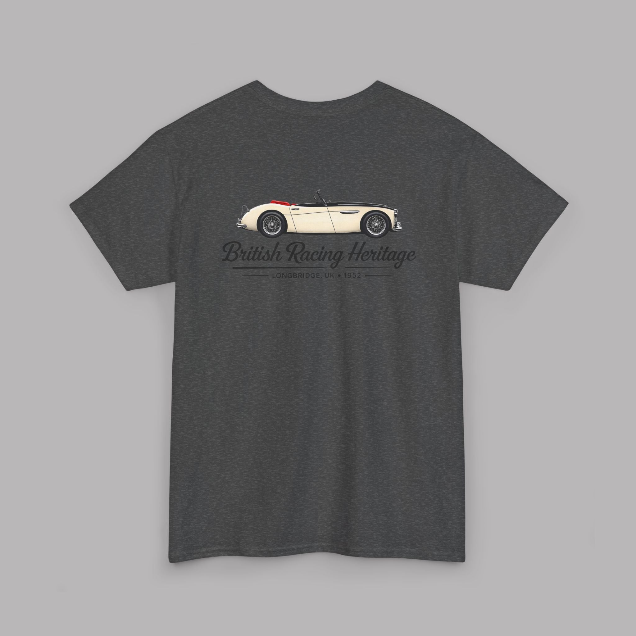 Back view of a dark heather t-shirt with a vintage Healey car graphic and 'British Racing Heritage' text on a gray background 