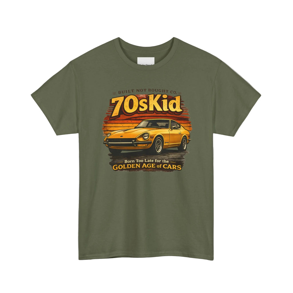 Green t-shirt with a graphic of a car and text on a white background