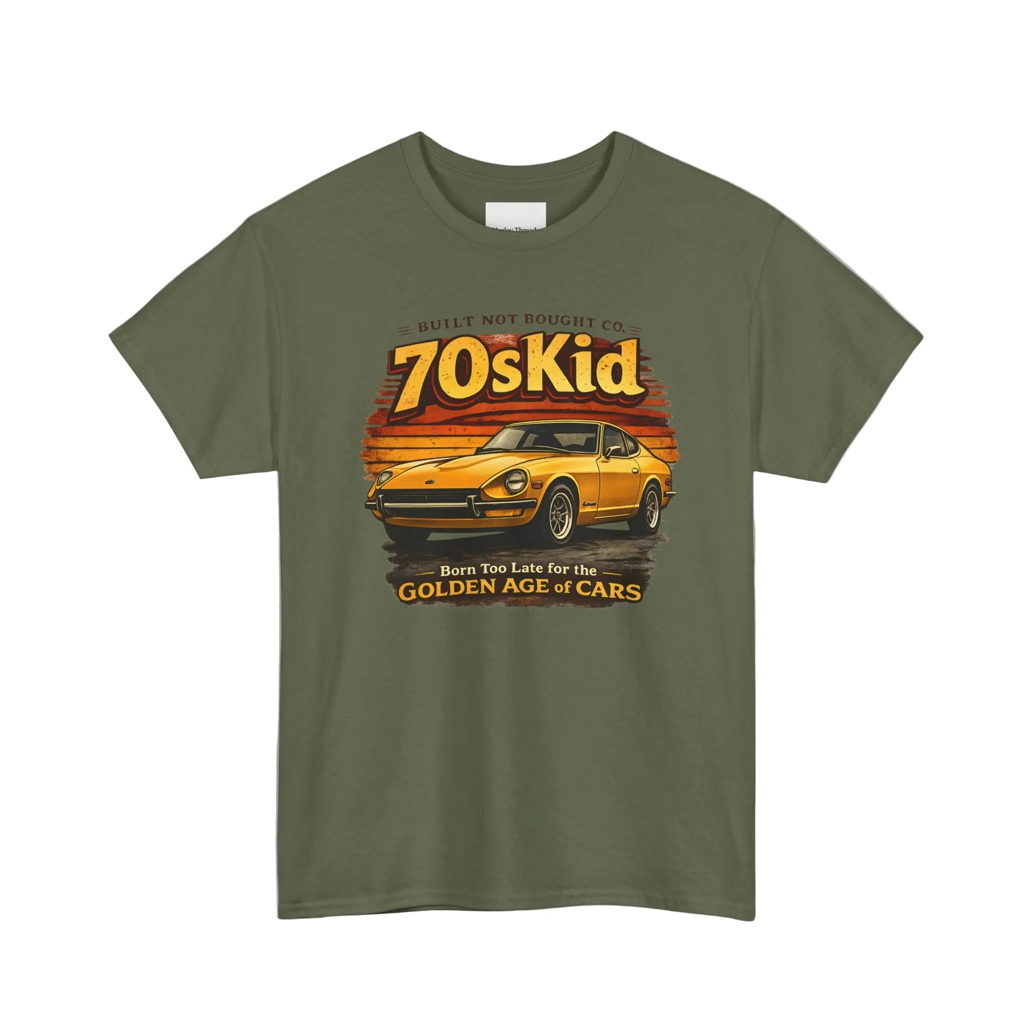 Green t-shirt with a graphic of a car and text on a white background