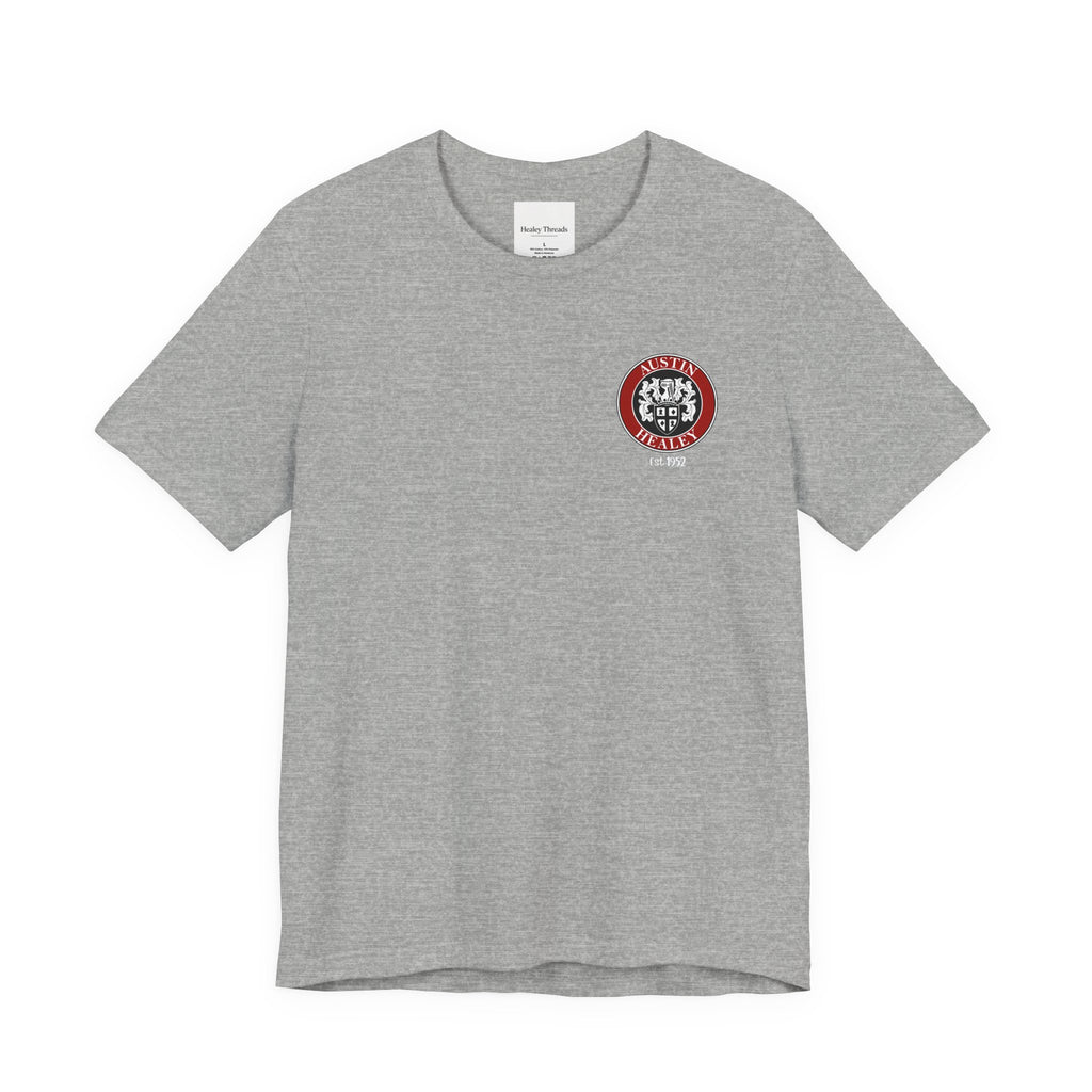 Gray t-shirt with a red and white logo on a white background