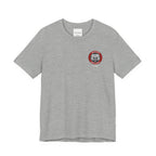Gray t-shirt with a red and white logo on a white background
