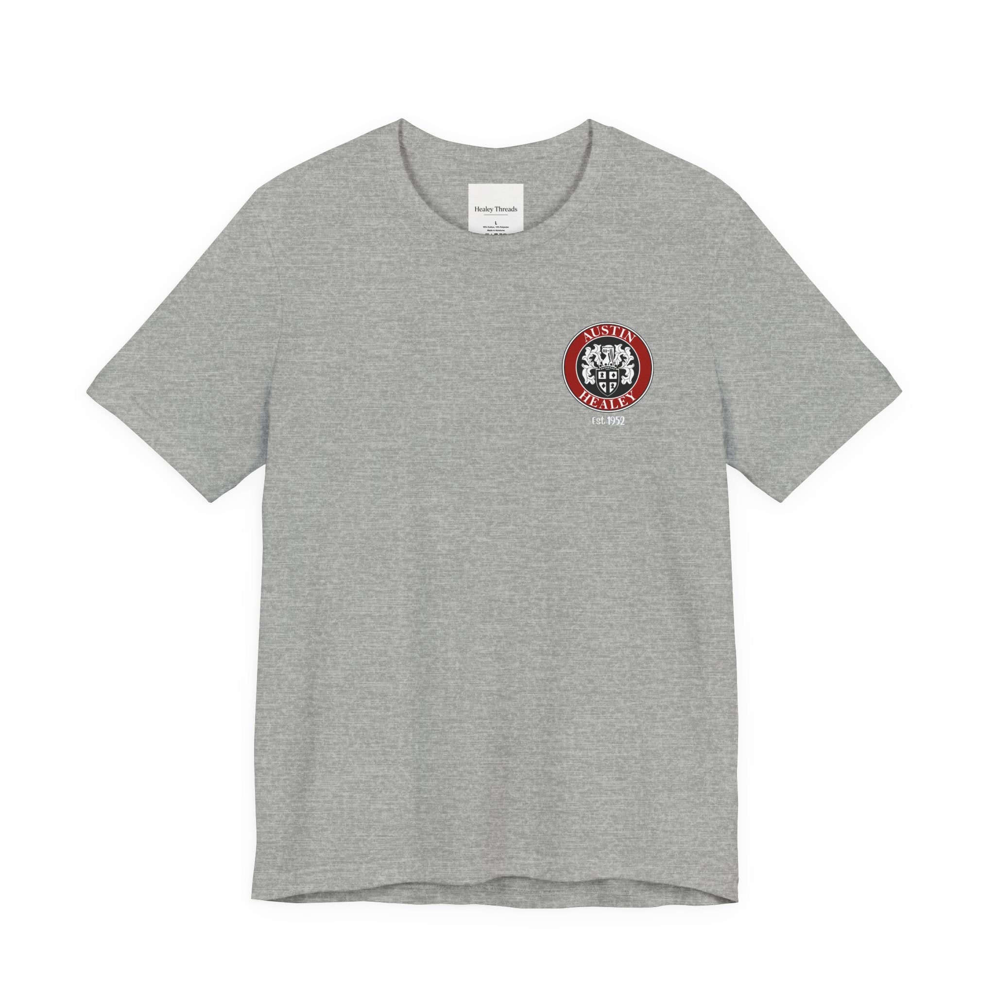 Gray t-shirt with a red and white logo on a white background