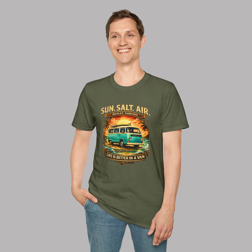 Man wearing a military green t-shirt with a graphic van design on a gray background