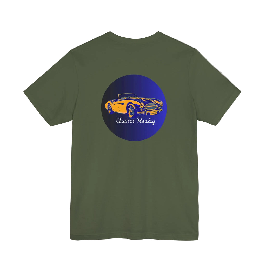 Back view of a military green t-shirt with a blue circle graphic featuring an Austin Healey car on a white background