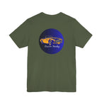 Back view of a military green t-shirt with a blue circle graphic featuring an Austin Healey car on a white background