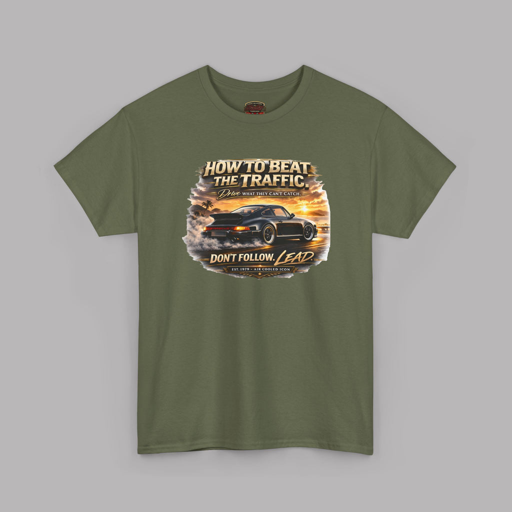 Military green t-shirt with a classic car graphic design on a gray background