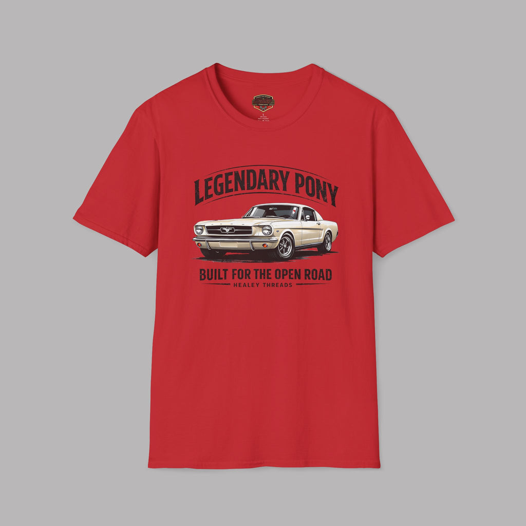 Red t-shirt with a graphic of a classic car and text on a gray background