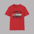 Red t-shirt with a graphic of a classic car and text on a gray background