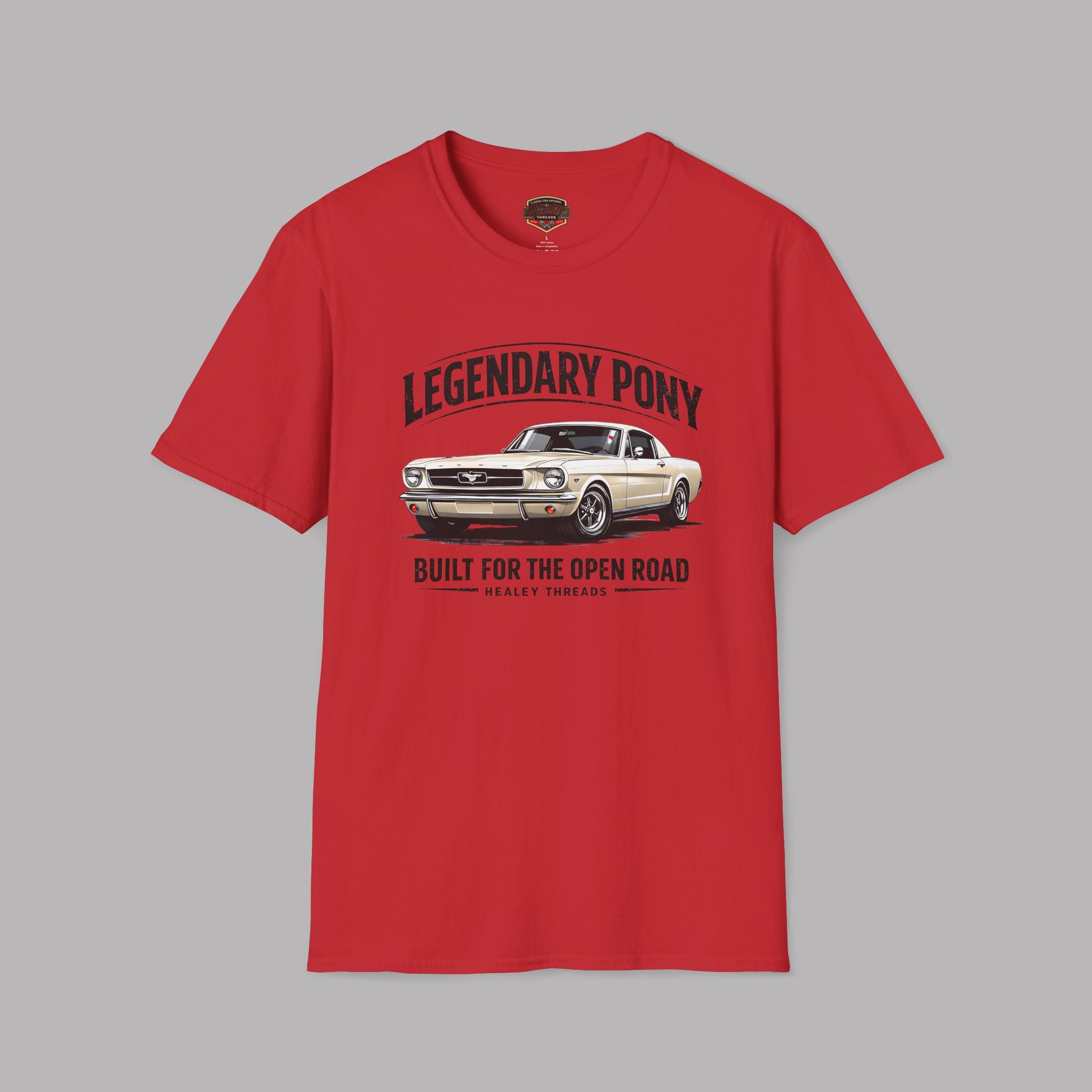 Red t-shirt with a graphic of a classic car and text on a gray background