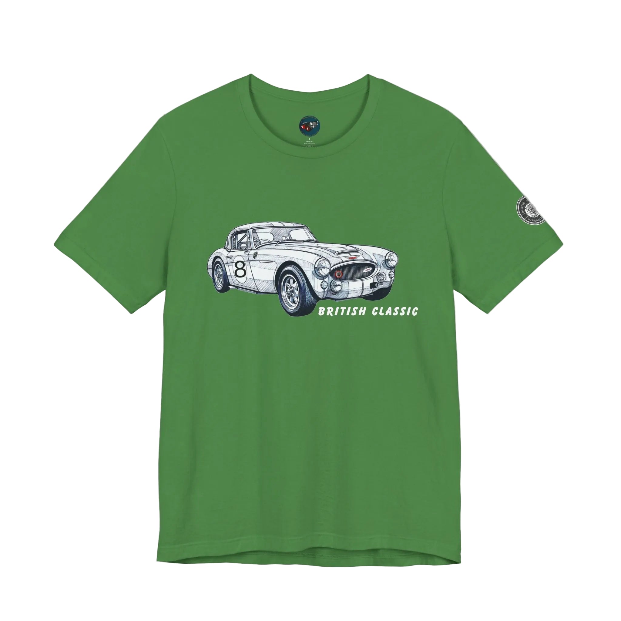 Green t-shirt with a classic car graphic and 'British Classic' text on a white background