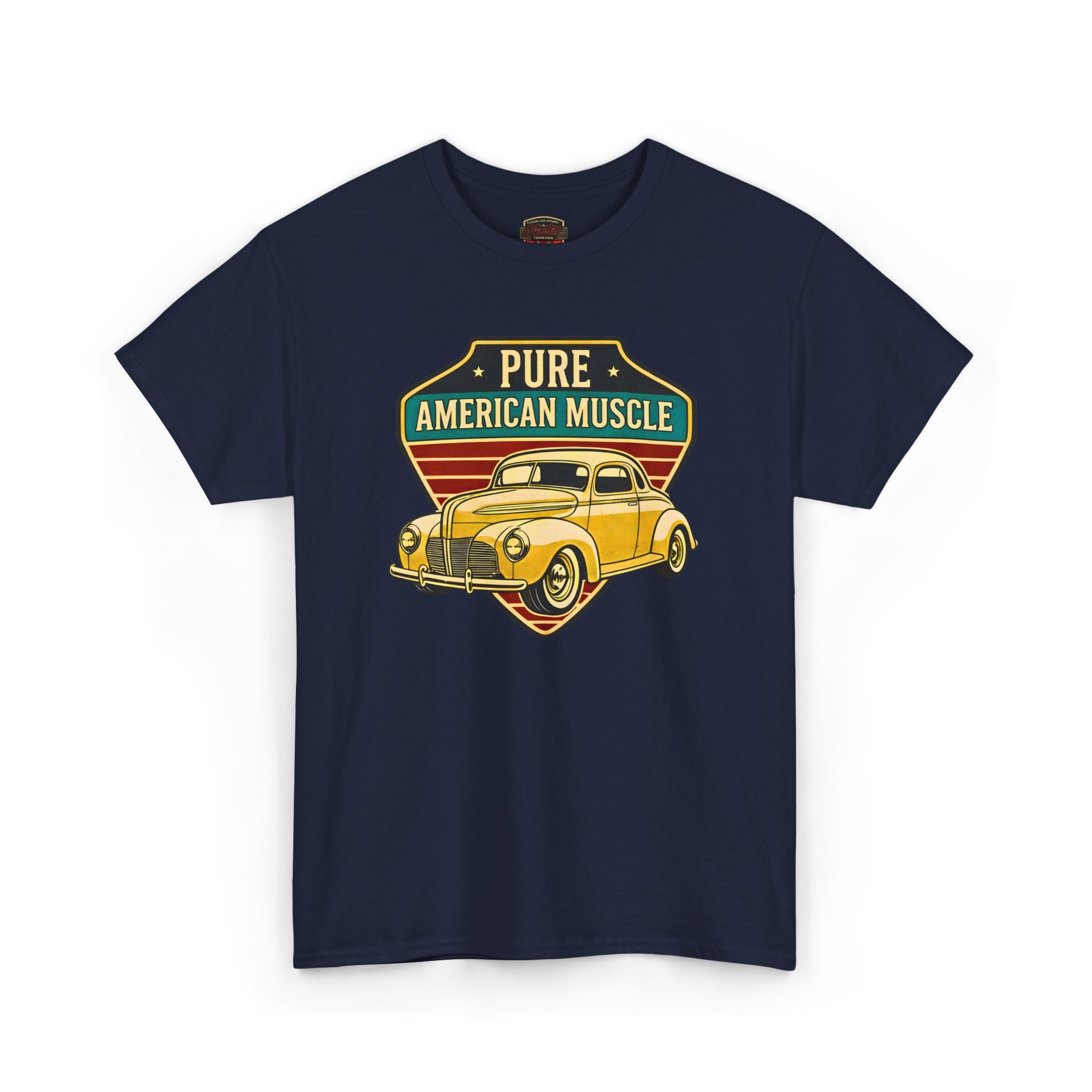 Navy blue t-shirt with a vintage car graphic and 'Pure American Muscle' text on a white background