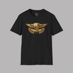 Black t-shirt with a gold Healey emblem on a gray background