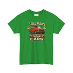 Irish green t-shirt with a graphic of a red car and text on a white background