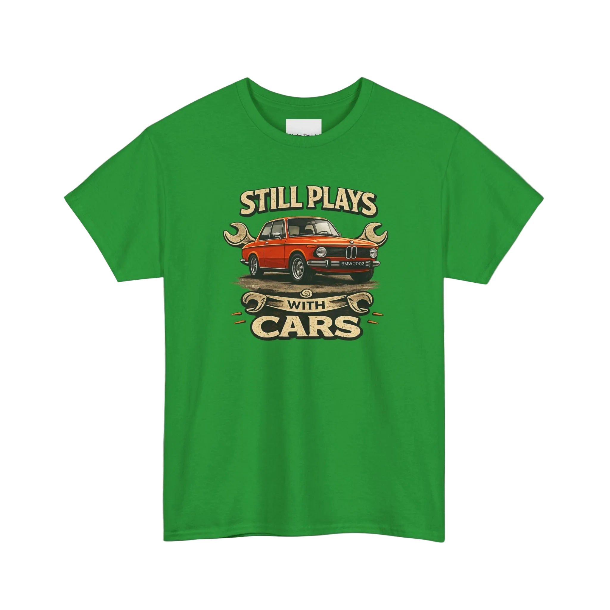Irish green t-shirt with a graphic of a red car and text on a white background