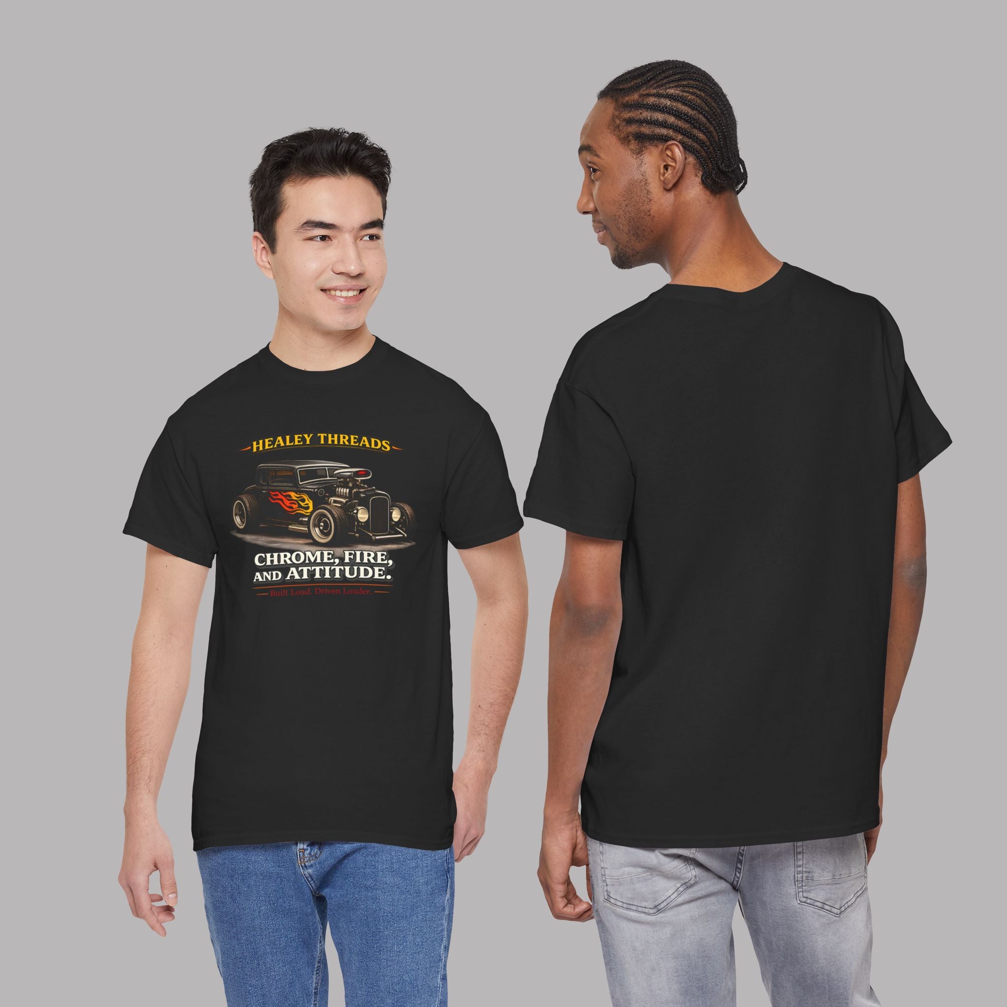 Black t-shirt with a graphic design of a hot rod and text worn by two models on a gray background