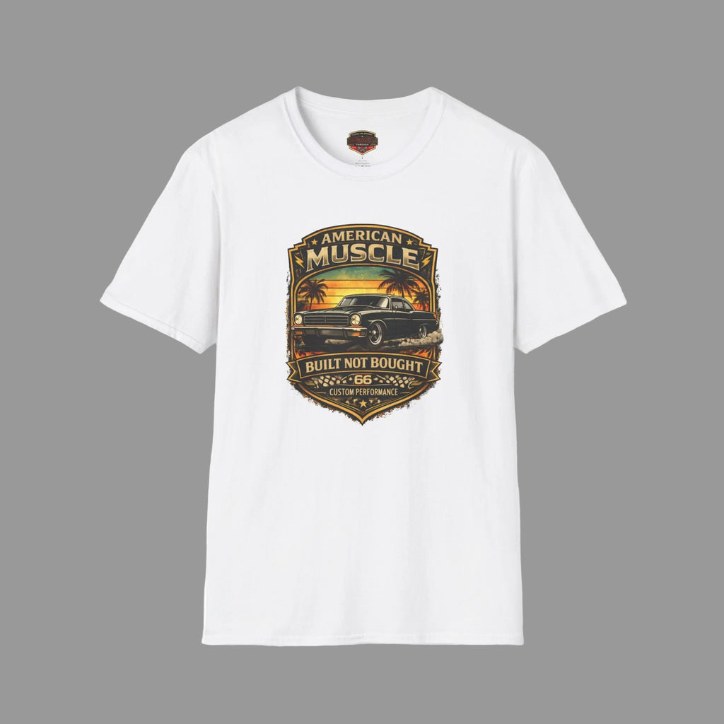Ash t-shirt with 'American Muscle' car graphic design on a gray background