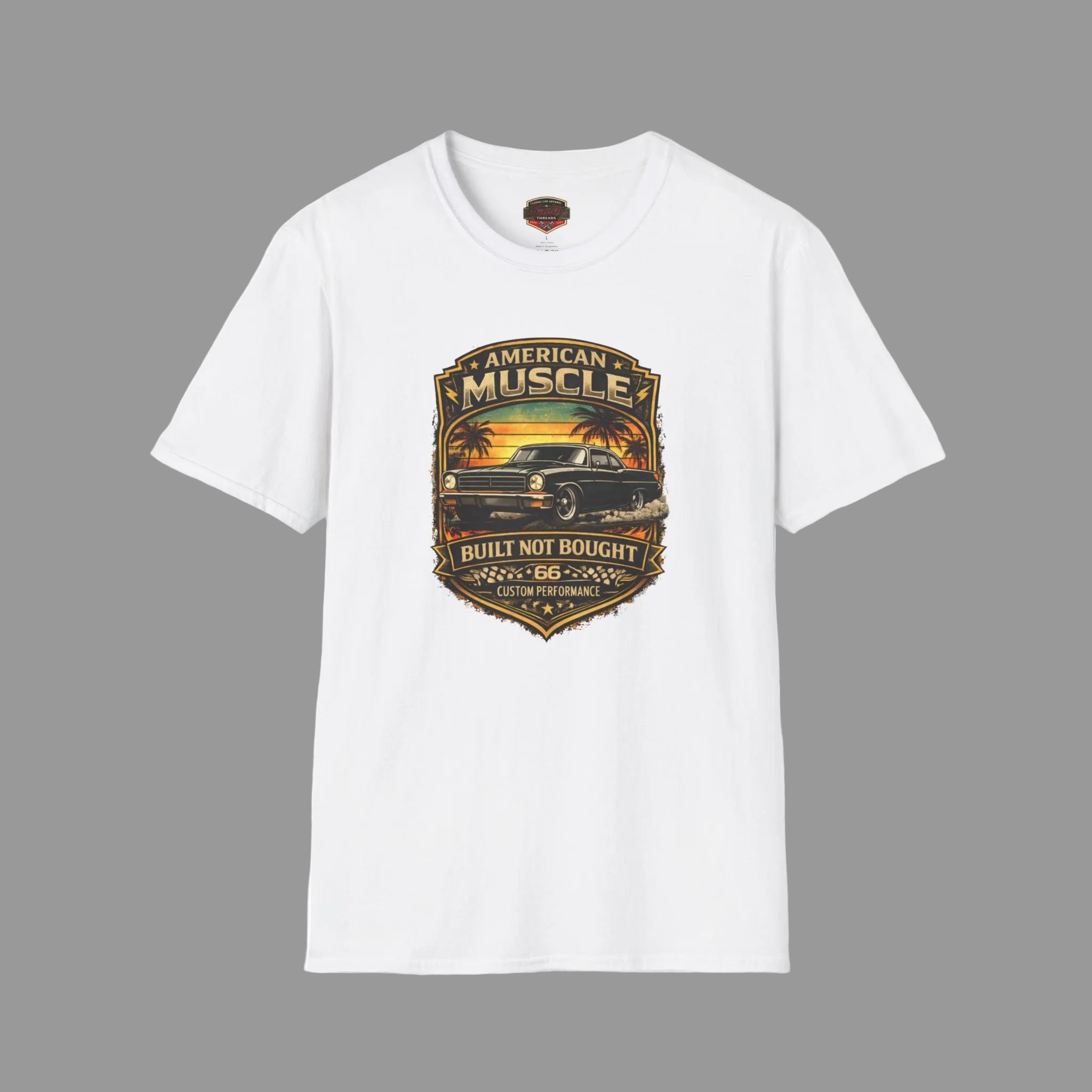Ash t-shirt with 'American Muscle' car graphic design on a gray background