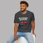 Man wearing a dark heather t-shirt with 'No Garage Queens' and a car graphic on a gray background