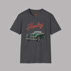 Dark heather t-shirt with a green classic car graphic and 'Healey' text on a gray background