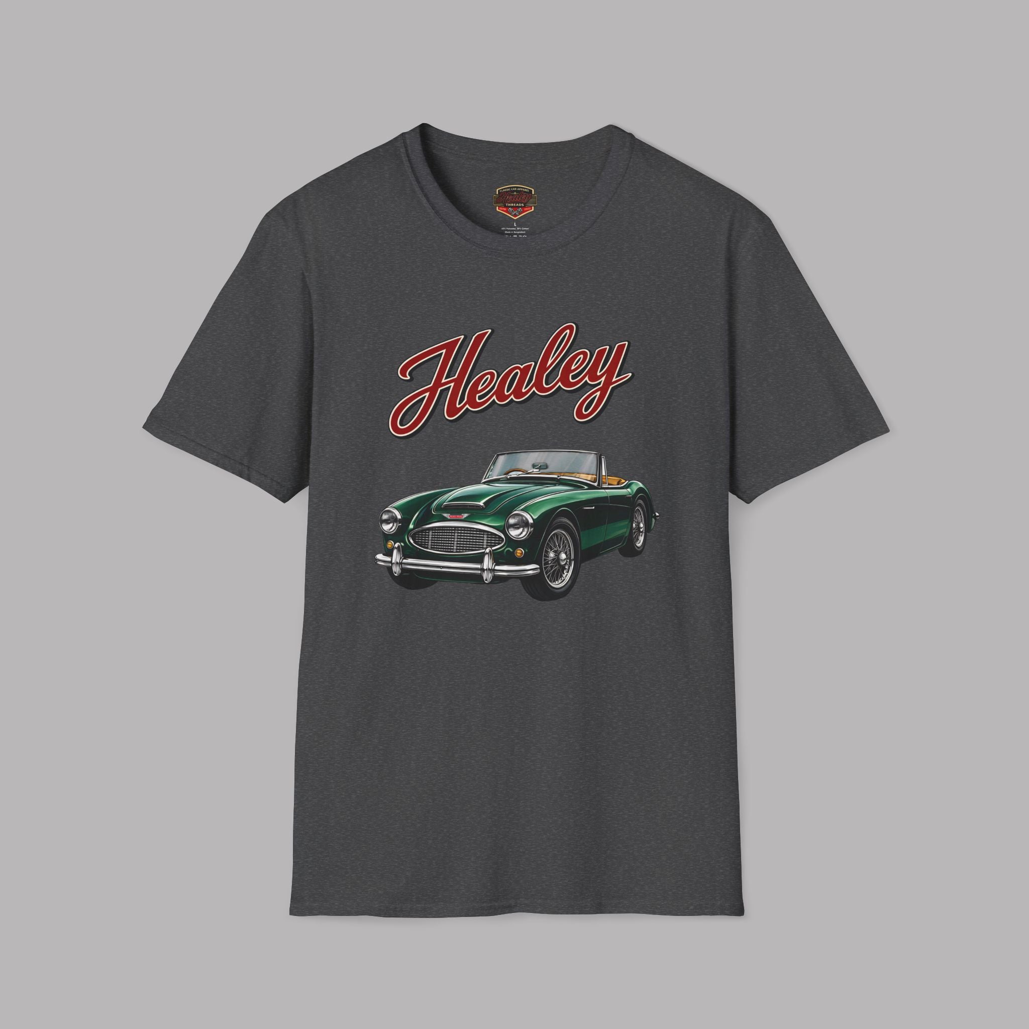 Dark heather t-shirt with a green classic car graphic and 'Healey' text on a gray background